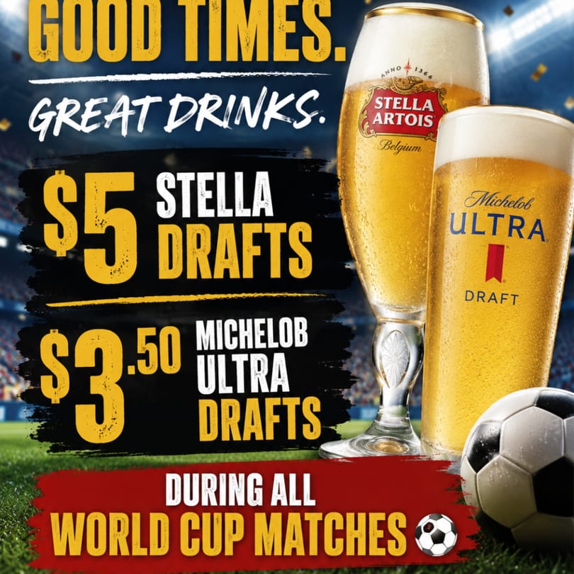 Stella Artois and Michelob Ultra beer glasses with a soccer ball on a stadium field background.