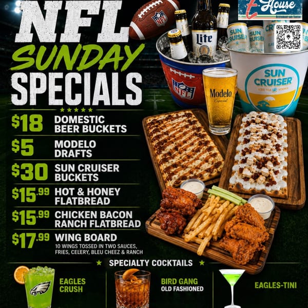 NFL Sunday specials advertisement featuring beer buckets, cocktails, flatbreads, wings, fries, and specialty drinks.
