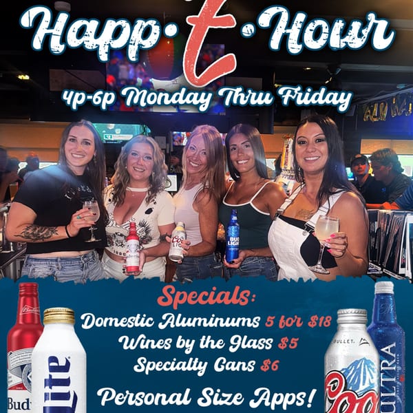 Five women smiling and holding drinks at Eddington House's happy hour, with specials listed below.