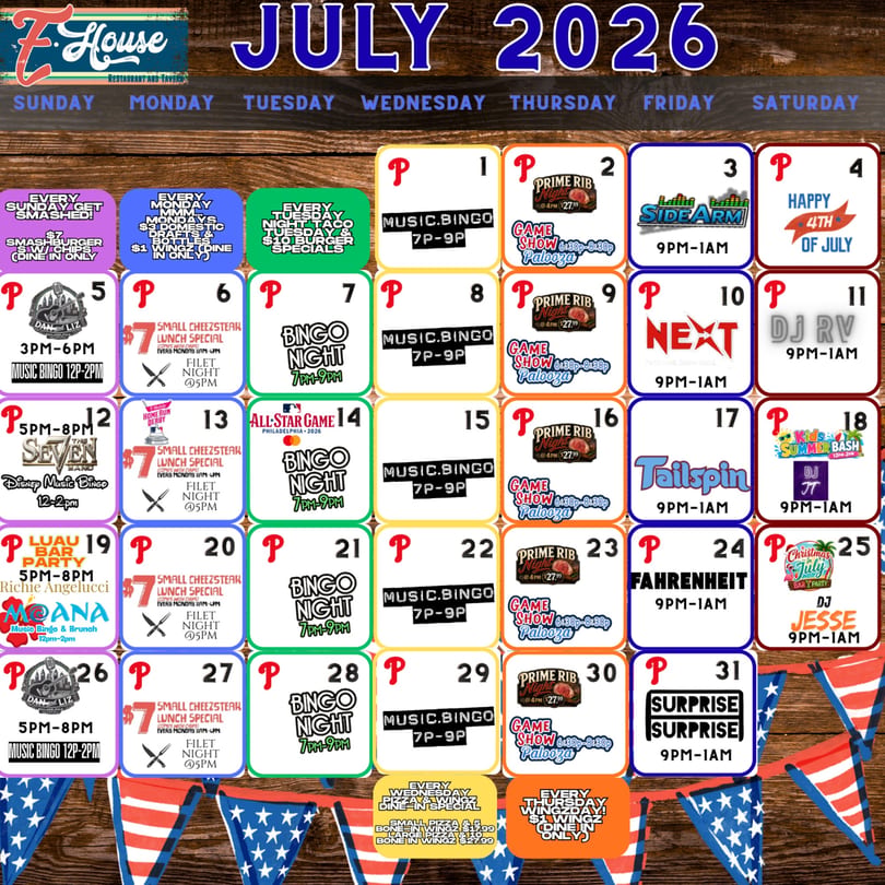 A July 2026 calendar for Z House Restaurant and Tavern, detailing daily specials and events.