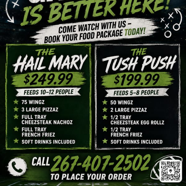 Promotional food package graphic featuring Hall Mary and Tush Push deals with wings, pizza, nachos, fries, prices, phone number, and QR code.