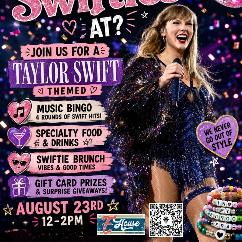 Taylor Swift concert poster advertising a themed music bingo, brunch, and specialty food event at Z. House.
