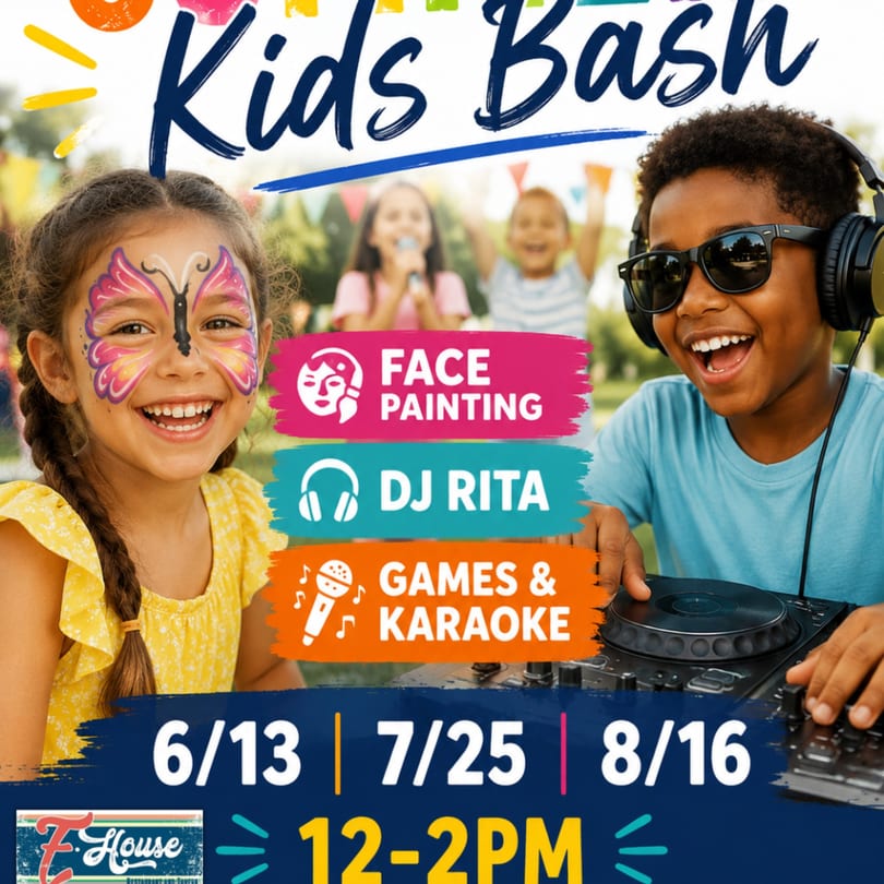 Smiling girl with butterfly face paint and boy with headphones at a Kids Bash event.