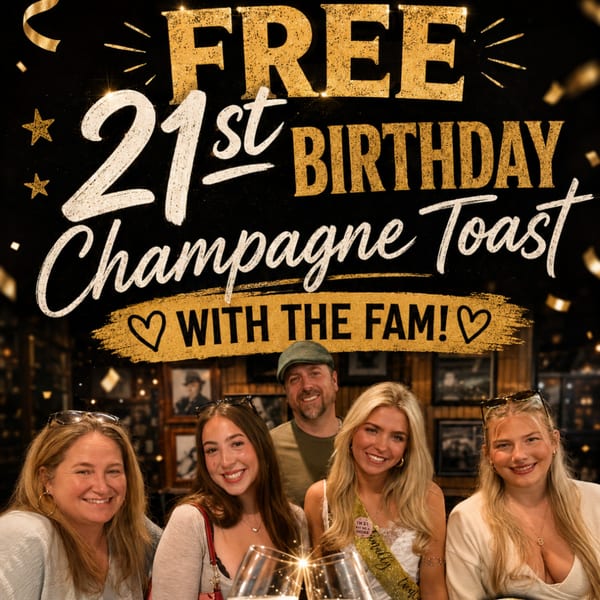 Five smiling people, including a woman wearing a "Finally 21" sash, toasting with champagne glasses.