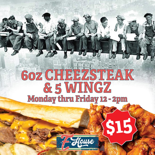 Cheesesteak and chicken wings with a $15 price tag, set against a vintage photo of construction workers.
