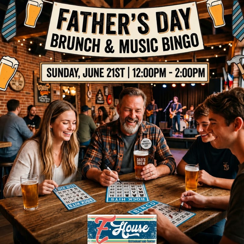 A family plays bingo at a Father's Day brunch event with live music at E. House Restaurant.