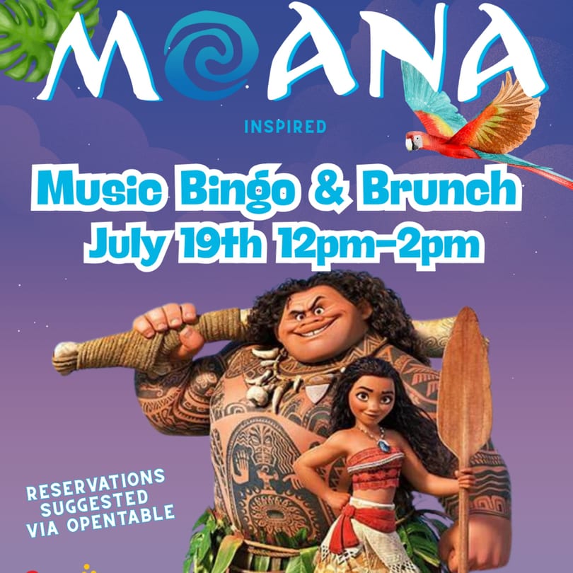 Moana-inspired Music Bingo & Brunch flyer with characters Moana and Maui, a parrot, and tropical leaves.