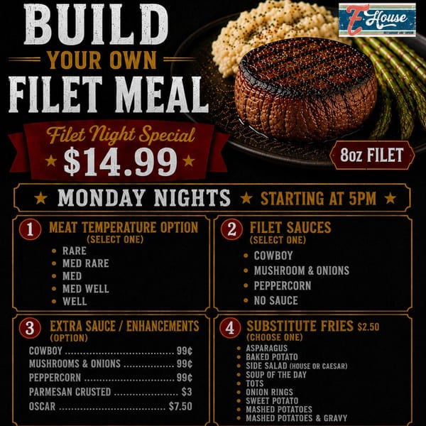 E House restaurant's "Build Your Own Filet Meal" ad featuring a grilled filet, risotto, and asparagus.