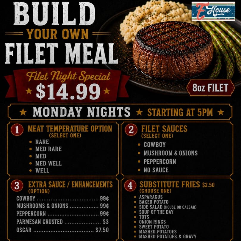 E House restaurant's "Build Your Own Filet Meal" ad featuring a grilled filet, risotto, and asparagus.