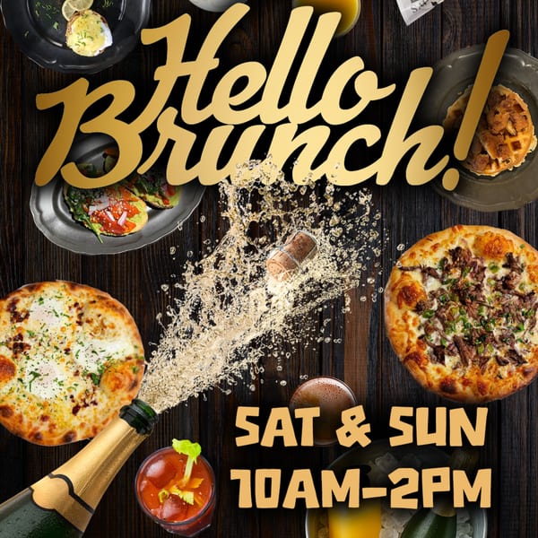 Overhead view of various brunch dishes, drinks, and a champagne bottle popping with "Hello Brunch!" text.