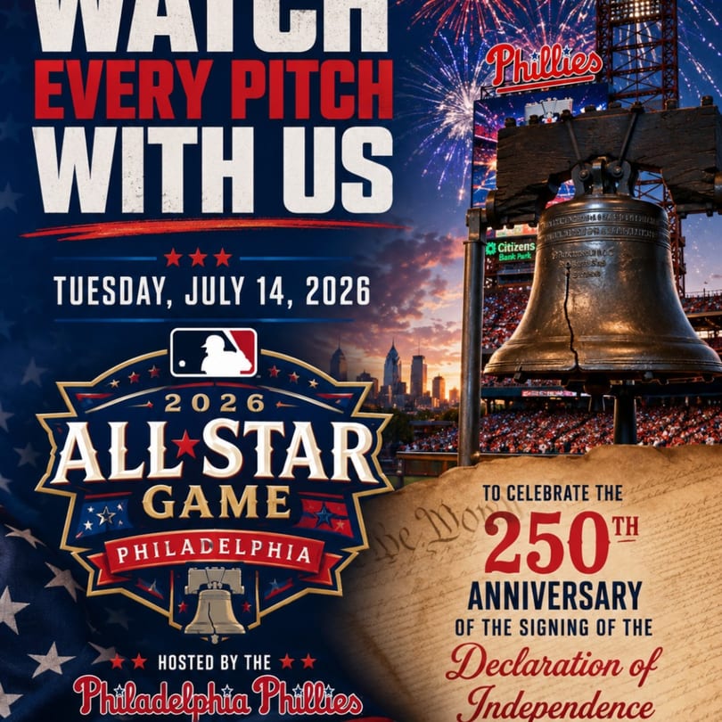 Promotional image for the 2026 MLB All-Star Game in Philadelphia, featuring the Liberty Bell and Citizens Bank Park.
