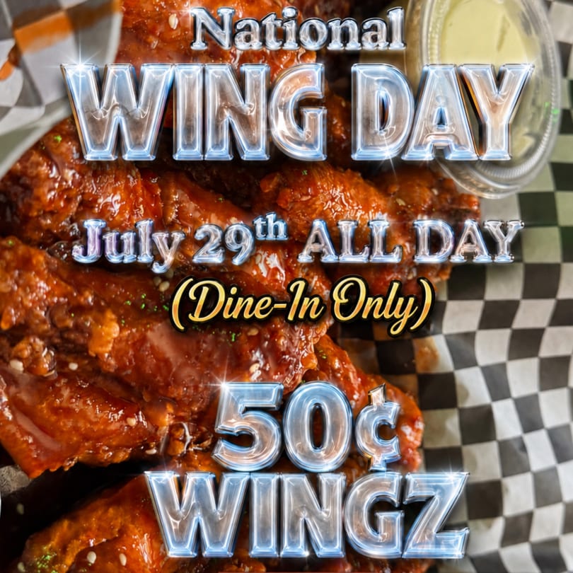 National Wing Day promotion with saucy chicken wings, a dipping sauce, and checkered paper.