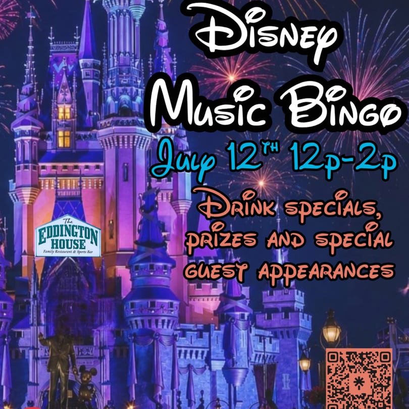 Disney castle at night with fireworks, advertising Disney Music Bingo at The Eddington House.