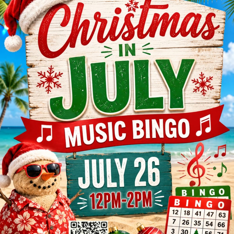 Christmas in July Music Bingo event poster with a sand snowman on a beach.