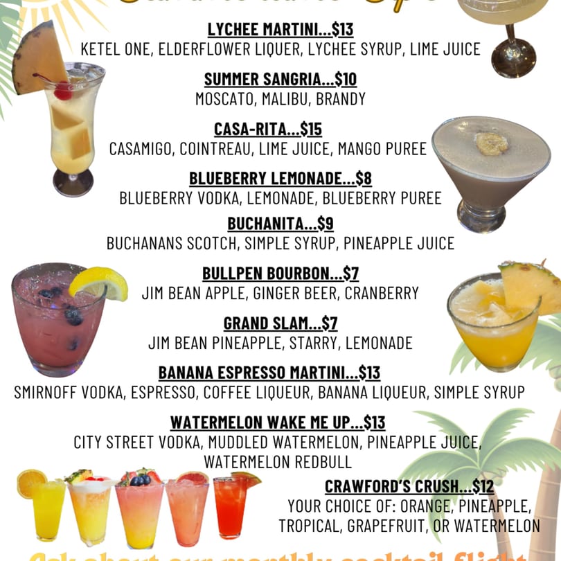 A menu of cocktails with images of a Lychee Martini, Banana Espresso Martini, Blueberry Lemonade, and a cocktail flight.