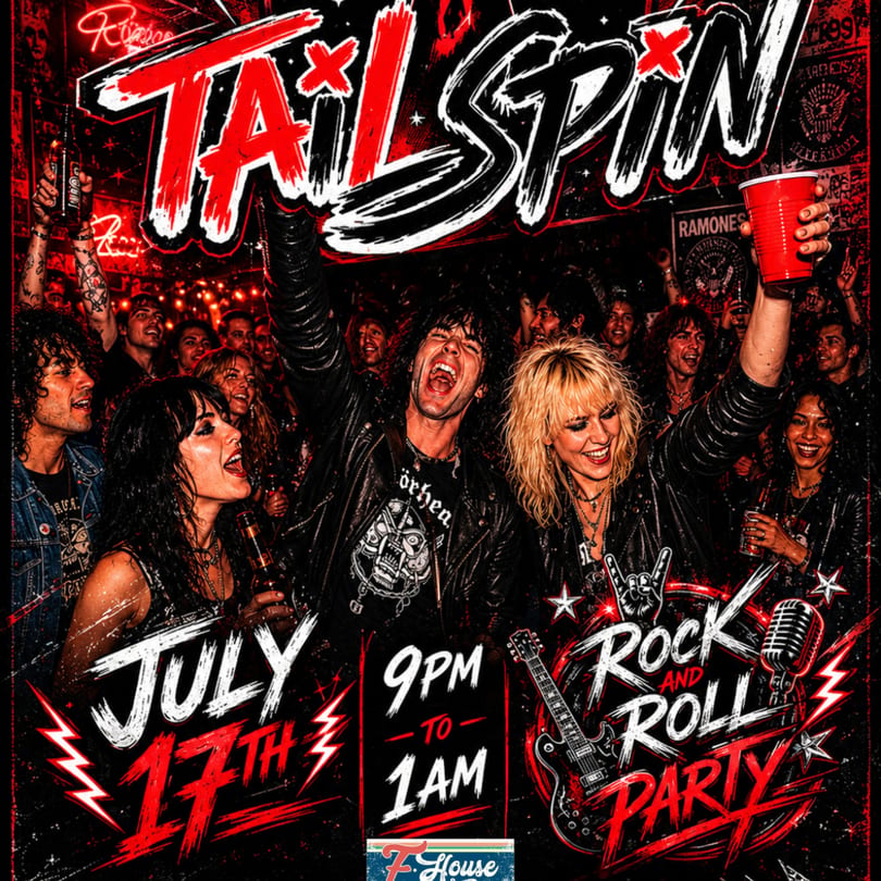 A vibrant red and black concert poster features a crowd of cheering people, with event details.