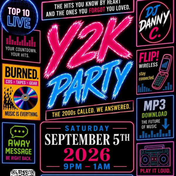 Neon Y2K party poster advertises DJ Danny C. performing Saturday, September 5th, 2026, from 9 p.m. to 1 a.m.