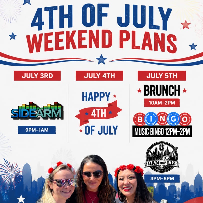 A 4th of July weekend event schedule with fireworks, a city skyline, and three women.