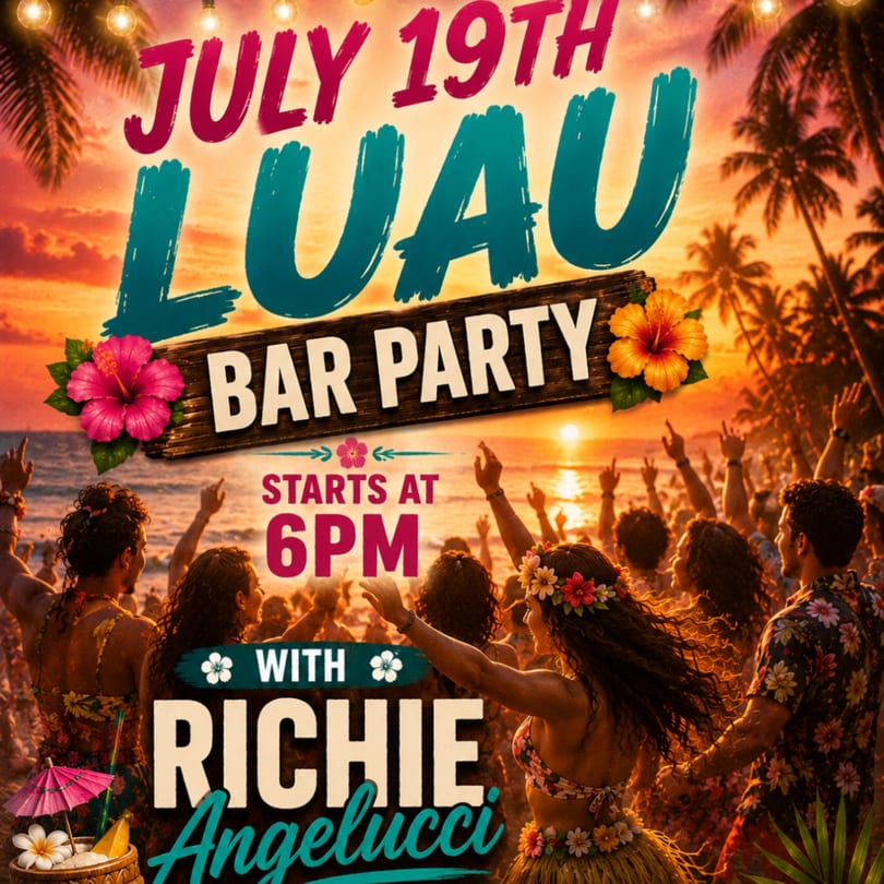 Luau bar party flyer with people dancing on a beach at sunset, palm trees, and hibiscus flowers.