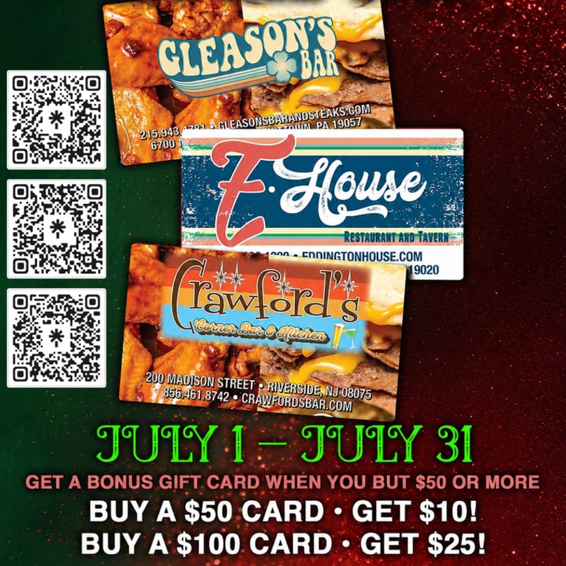 Gift card promotion for Gleason's Bar, E-House, and Crawford's, with QR codes and bonus offers.