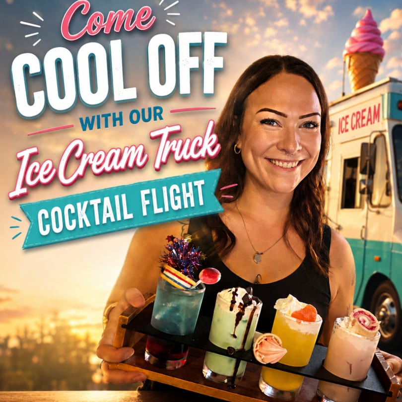 Smiling woman holding a tray of colorful ice cream cocktail flights with an ice cream truck in the background.