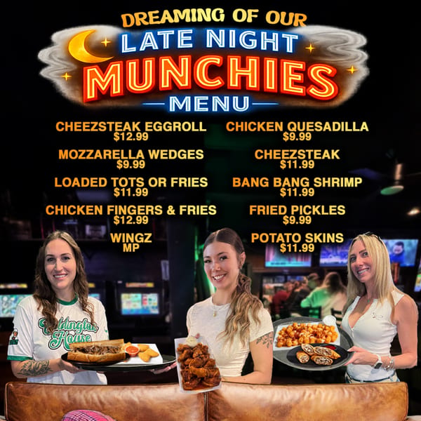 Three women holding trays of late-night munchies, including a cheesesteak, wings, and loaded tots.