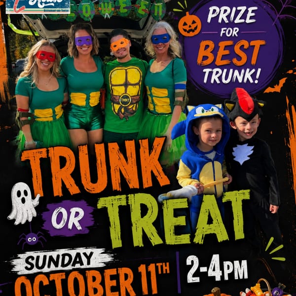 Halloween event poster showing four adults and two children in costumes beside text announcing a best trunk prize and Sunday, October 11 event.