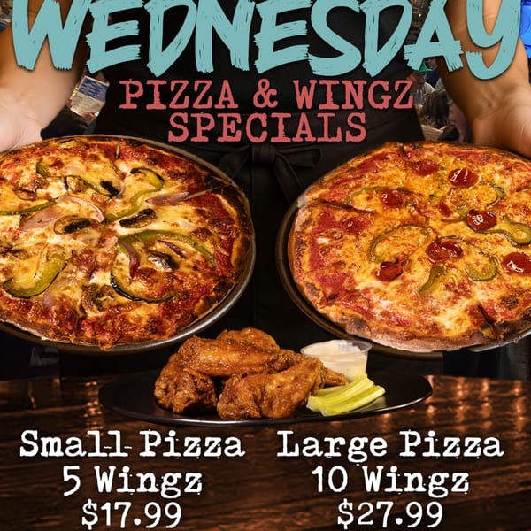 Two pizzas and a plate of chicken wings with celery and dip, advertising "Pizza & Wingz Specials".