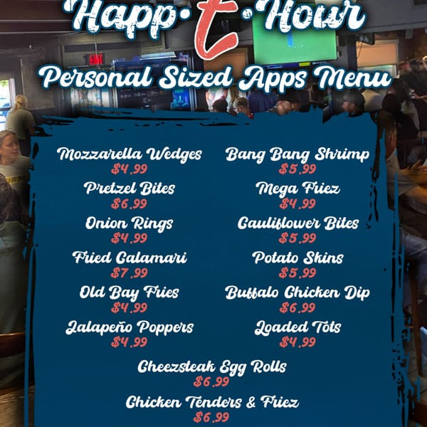 Eddington House's Happy Hour Personal Sized Apps Menu with various American appetizers and prices.