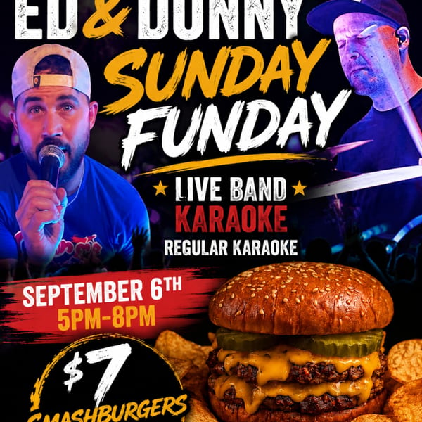 Promotional poster featuring a cheeseburger, a singer with a microphone, a guitarist, and text advertising Sunday live band karaoke.