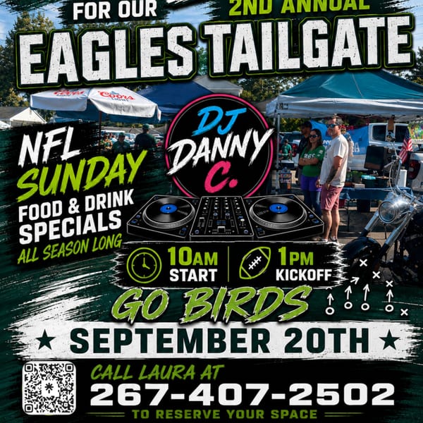 NFL Sunday tailgate promotional poster featuring outdoor tents, attendees, DJ equipment, food and drink specials, September 20th event details, and a motorcycle.