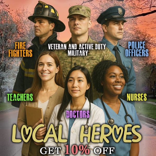 Diverse group of local heroes including firefighters, military, police, teachers, doctors, and nurses.